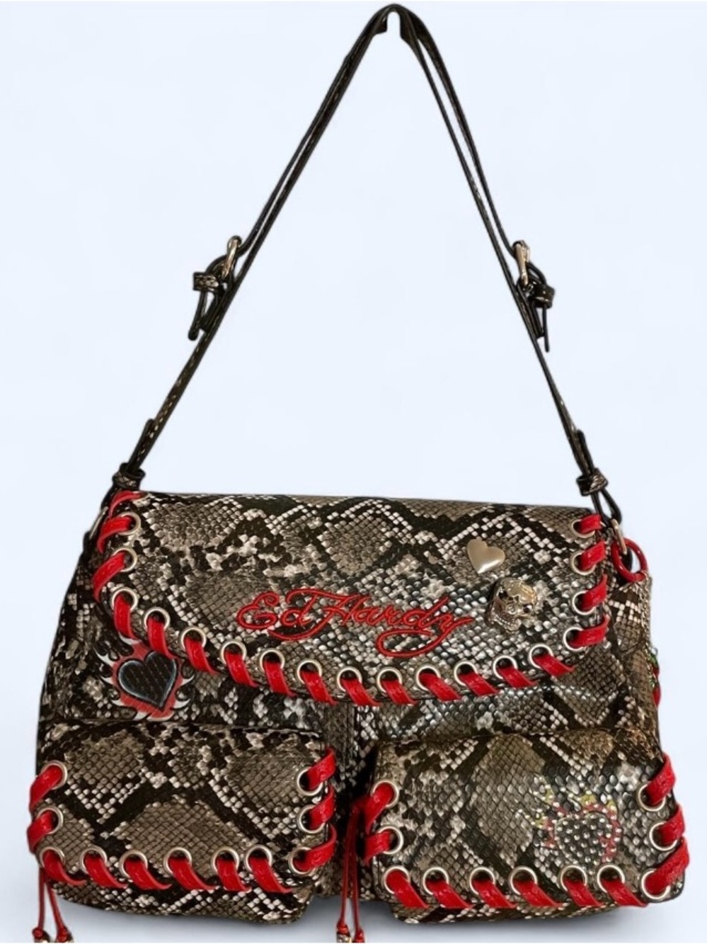 Ed Hardy Snake Skin Shoulder Bag with Red Trim